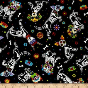 Day of the Dead Fabric Dogs Black quilt cotton sewing material, Listed by the Yard and Half Yard continuous cut, Timeless Treasures