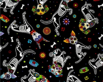 Tela del Día de los Muertos Perros Material de costura de algodón acolchado negro cortado a medida y media yarda