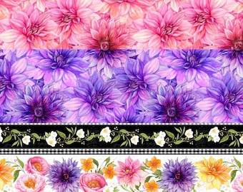 Pink Purple Dahlia Floral Quilting Fabrics, In Bloom quilt cotton fabric by the yard and half-yard, Nancy Mink garden sewing material