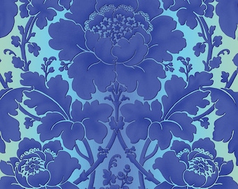 Flower Festival Fabric Blue Garden Damask quilt cotton sewing material, Listed by the Yard and Half Yard continuous cut, Benartex Studio