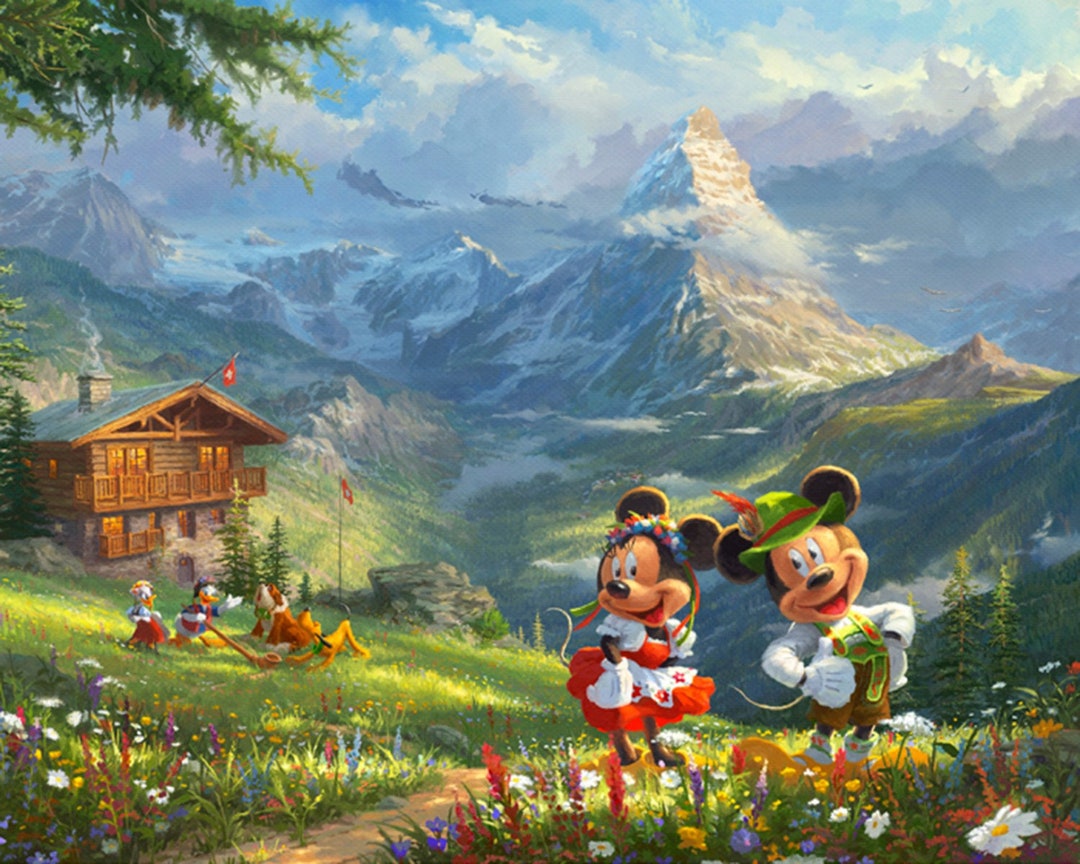 Mickey and Minnie Mouse Alps Fabric Panel, Thomas Kinkade Cotton
