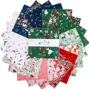 May include: A collection of Christmas-themed fabric squares in various patterns and colors. Designs include ballerinas, nutcrackers, and gift boxes. The fabric bundle is wrapped with a label that reads "Winter Garden in Bloom."