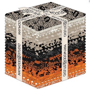 May include: A stack of folded fabric squares tied with a white ribbon printed with the text MAYWOOD STUDIO. The fabric features various Halloween-themed patterns including pumpkins, spider webs, and the word BOO in shades of orange, black, and gray.