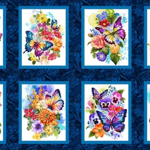 May include: A collection of eight framed watercolor art prints featuring vibrant butterflies and floral arrangements. Each print showcases a unique butterfly design with colorful wings, surrounded by roses, pansies, and other flowers in shades of pink, yellow, and purple.