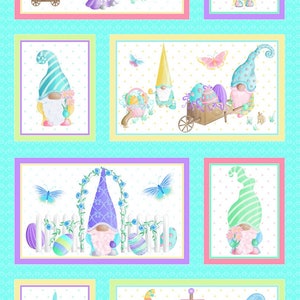 May include: A colorful illustration of gnomes celebrating Easter. The gnomes are wearing different colored hats and holding baskets of Easter eggs. There are butterflies and flowers in the background.