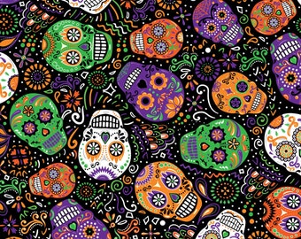All Eyes on You Fabric Mardi Gras Sugar Skull quilt cotton sewing material, Listed by the yard and half yard continuous cut
