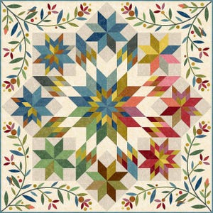 May include: A square quilt featuring a central large star composed of multi-colored geometric segments in shades of blue, green, yellow, and red. Surrounding the center are eight smaller stars, framed by a border of green vines and small birds.