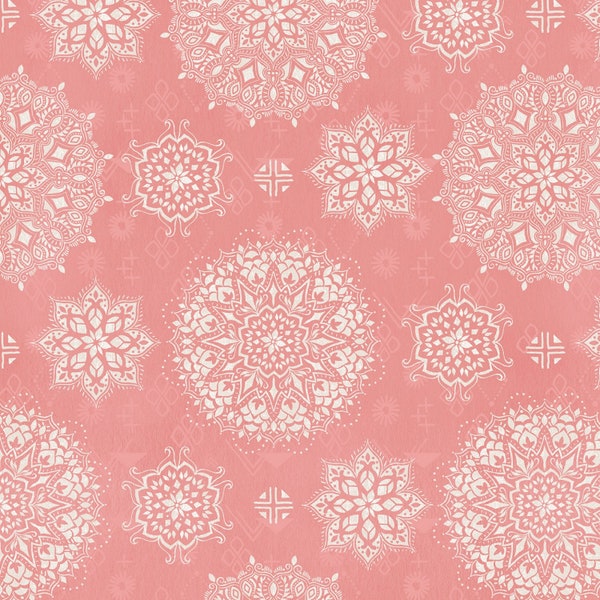 Paisley Place Fabric Pink Mandalas quilt cotton sewing material, Listed by the Half Yard continuous cut, Dina June for Wilmington Prints