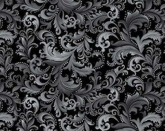 Floral Fabric, Scarlets Treasure Black Scrolls quilt cotton fabric by the yard and half-yard