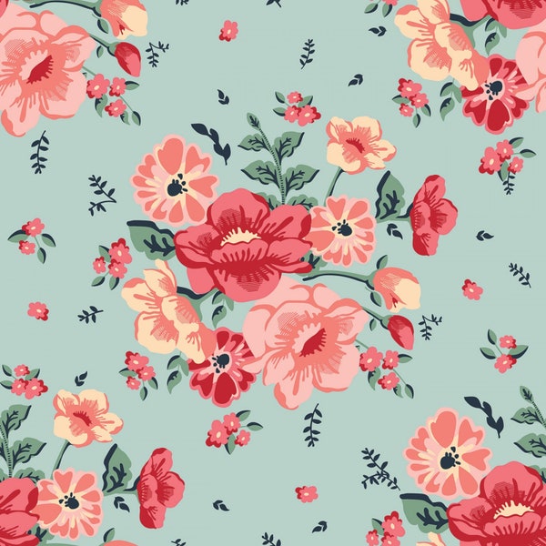 Ciao Bella Fabric Main Seafoam floral quilt cotton sewing material, Listed by the half yard continuous cut, Carina Gardner for Riley Blake