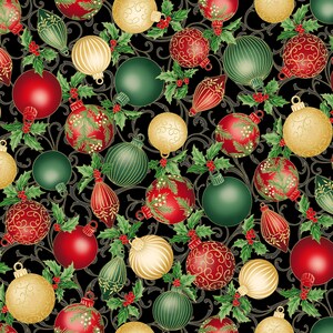 Christmas Splendor Fabric Black Gold Ornaments Quilt Cotton Sewing ...