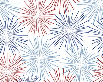 One Nation Fabric White Fireworks quilt cotton sewing material, Listed by the Yard & Half Yard continuous cut, Jessica Mundo for Henry Glass