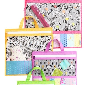 May include: Four colorful zippered project bags with handles. The bags are pink, yellow, purple, and green, each with a clear front panel displaying fabric and sewing notions. The bags have a variety of patterns, including floral, zebra, and panda designs.