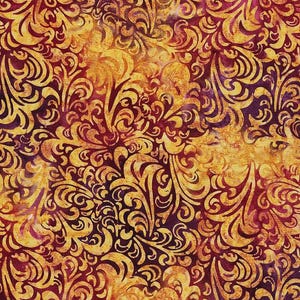 May include: A fabric featuring a repeating damask pattern in golden yellow against a deep burgundy and purple background. The design displays intricate swirling scrollwork and organic shapes with a textured, mottled appearance throughout the surface.