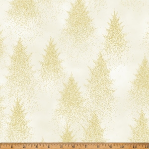 May include: White fabric with a subtle shimmer, featuring a repeating pattern of gold glitter pine trees. The fabric has a soft, textured feel.