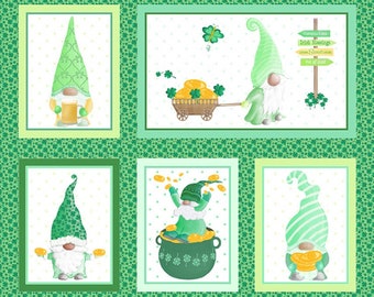 Lucky Gnomes Fabric Panel 24 x 44 inch quilt cotton sewing material, Andi Metz for Kanvas by Benartex, St Patrick's Day Shamrocks
