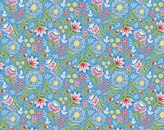 Fiesta Fabric Blue Folkloric Flowers quilt cotton sewing material, listed by yard and half yard continuous cut, Monkey Mind Michael Miller