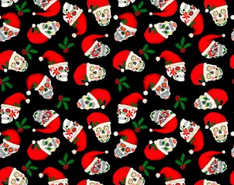 Santa Skulls Fabric Material de costura de algodón de edredón negro, corte listado a medida y corte continuo Half Yard, Timeless Treasures Christmas