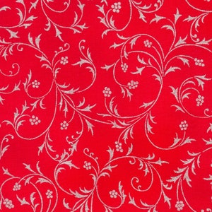 Holiday Flourish Fabric Snow Flower Scarlet Swirls Silver Metallic quilt cotton sewing material, Listed by the yard and half yard