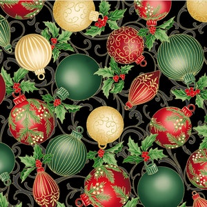 Christmas Splendor Fabric Black Gold Ornaments Quilt Cotton Sewing ...