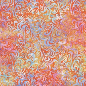 May include: A fabric featuring a vibrant orange background with a repeating pattern of swirling, light blue and lavender-toned floral motifs. The design displays a watercolor-like texture with blended hues and intricate, flowing organic shapes.