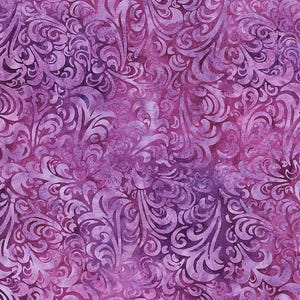 May include: A fabric featuring a repeating damask pattern in shades of deep purple and magenta. The design consists of swirling, organic shapes with a mottled, watercolor-like texture throughout, creating a layered appearance of light and dark tones.