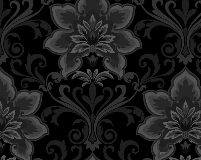Black Damask Fabric Hometown Holiday by Sheri Hart for Henry Glass