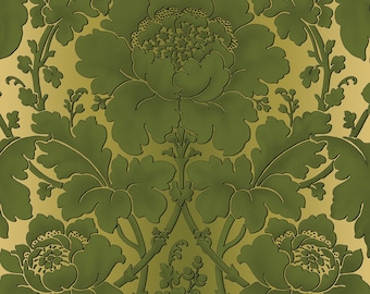 Flower Festival Fabric Olive Garden Damask by Benartex Studio, Priced by the Half Yard green floral material