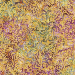 May include: A fabric swatch featuring a dense, repeating damask pattern in shades of deep purple and muted green set against a vibrant, textured golden yellow background. The design displays intricate, swirling organic shapes and curves.