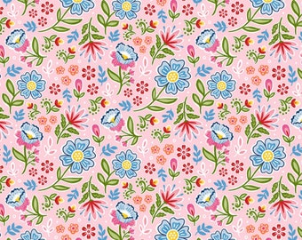 Fiesta Fabric Folkloric Flowers Pink quilt cotton sewing material, listed by the yard & half yard continuous cut, Monkey Mind Michael Miller