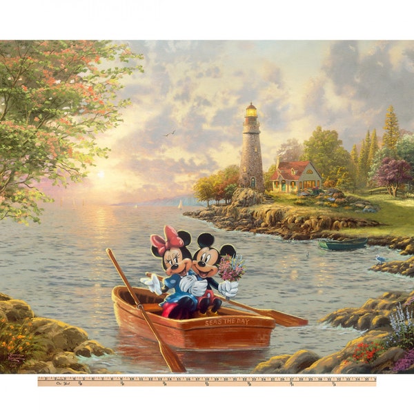 Disney Dreams Fabric Panel Mickey and Minnie Mouse Lighthouse Cove Thomas Kinkade for Four Seasons David Textiles, 36 x 44 inch quilt cotton