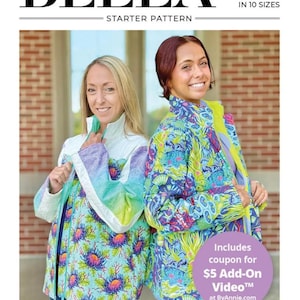 May include: The image showcases a sewing pattern for a "Bella Quilt Coat" in 10 sizes. Two women model the finished quilted coats, featuring vibrant floral and abstract patterns in shades of blue, green, and purple. The pattern is designed for quilters.
