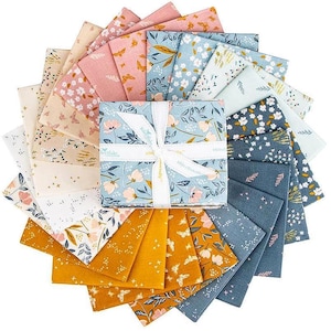 May include: A collection of folded fabric squares arranged in a circular fan pattern, tied with a white ribbon. The fabric features various floral and butterfly prints in shades of dusty pink, mustard yellow, slate blue, cream, and white.