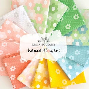 May include: A collection of folded fabric squares in various pastel colors, each featuring a hexagonal pattern with small flower designs. The image includes the text "LINEN BOUQUET" and "hexie flowers". Colors include pink, green, yellow, and blue.