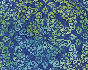 Swirl the Rainbow Batik Quilting Cotton Fabric by the Yard, Denim Bijou Damask Print Sewing Material, Riley Blake Designs Yardage