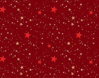 Christmas Fabrics, Crimson Stars quilting cotton fabric by the yard and half-yard, Holly Jolly Calico sewing material, red gold holiday