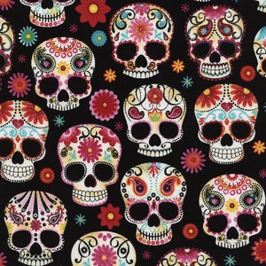Day of the Dead Fabric Sugar Skulls black quilt cotton sewing material, Listed by the yard and half yard continuous cut, Timeless Treasures