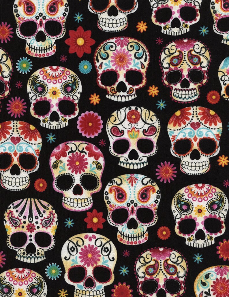 Sugar Skulls Day of the Dead Black Fabric Day of the Dead Kitty Fabric Collection for Timeless Treasures Priced by Half Yard Increments