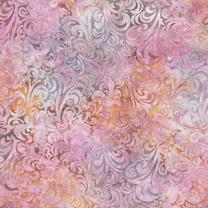 May include: A fabric featuring a repeating damask pattern in shades of light pink, soft orange, and muted grey. The design displays swirling, organic shapes with a textured, mottled appearance across the entire surface of the textile material.