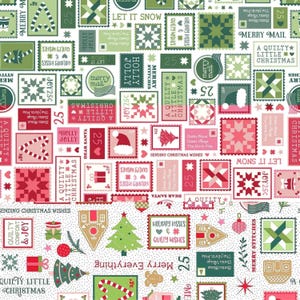 May include: A festive fabric pattern featuring Christmas-themed postage stamp designs. The stamps are in shades of red, green, and white, with text like "Merry Christmas" and "Let it Snow". The design includes Christmas trees, Santa hats, and quilt patterns.