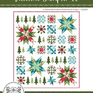 May include: A quilt titled "Yuletide Sampler II" featuring a festive design with Christmas trees and star-shaped patterns in red, green, and blue. The quilt measures 80" x 92". The text "CORA'S QUILTS by Shelley Cavanna" is also visible.
