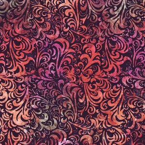 May include: A fabric featuring a repeating damask pattern in shades of deep purple, magenta, and burnt orange. The design consists of intricate, swirling organic shapes with a mottled, textured appearance across the entire surface of the textile.