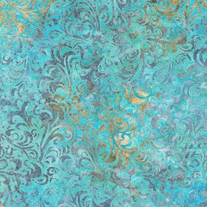 May include: A fabric featuring a vibrant turquoise background with an intricate, repeating damask pattern in shades of dark gray and metallic gold. The design displays swirling, ornate flourishes that create a dense, layered visual texture.