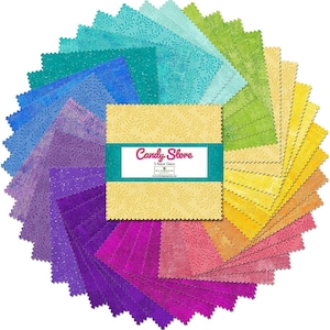May include: A collection of colorful fabric squares arranged in a circular pattern. The squares feature a variety of shades, including blue, green, yellow, orange, pink, and purple. The center of the arrangement features a stack of yellow fabric squares with the text "Candy Store".