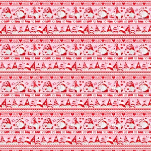Gnomie Love Fabric Striped Gnomes red pink quilt cotton sewing material, Listed by the Half Yard continuous cut, Shelly Comisky Benartex