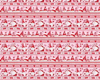 Gnomie Love Fabric Stripe Gnomes red pink quilt cotton sewing material, Listed by the Half Yard continuous cut, Shelly Comisky Benartex