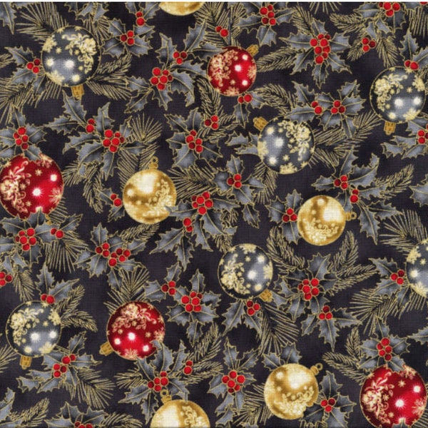 Joyful Traditions Fabric Gray Ornament Gold Metallic quilt cotton sewing material, Listed by the Yard and Half Yard continuous cut, Hoffman