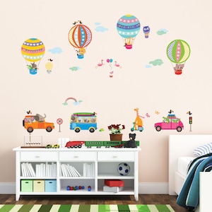 Decowall DAT-1710 Transporte Autos Heißluftballon Tiere Kinder Wandaufkleber Wandsticker Abnehmbare Wandaufkleber für Kinder