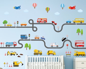 Láminas de arte mural de vehículos de transporte DECOWALL: pegatinas de coches, camiones y carreteras para decorar habitaciones infantiles, guarderías o salas de juegos (SG3-2308)