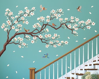 Láminas de pared DECOWALL con flores de cerezo: pegatinas de ramas florales con pájaros para decorar el dormitorio o el salón (SG4-2213)